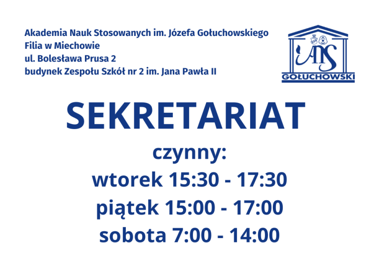 godziny otwarcia sekretariatu Filii w Miechowie ANSG